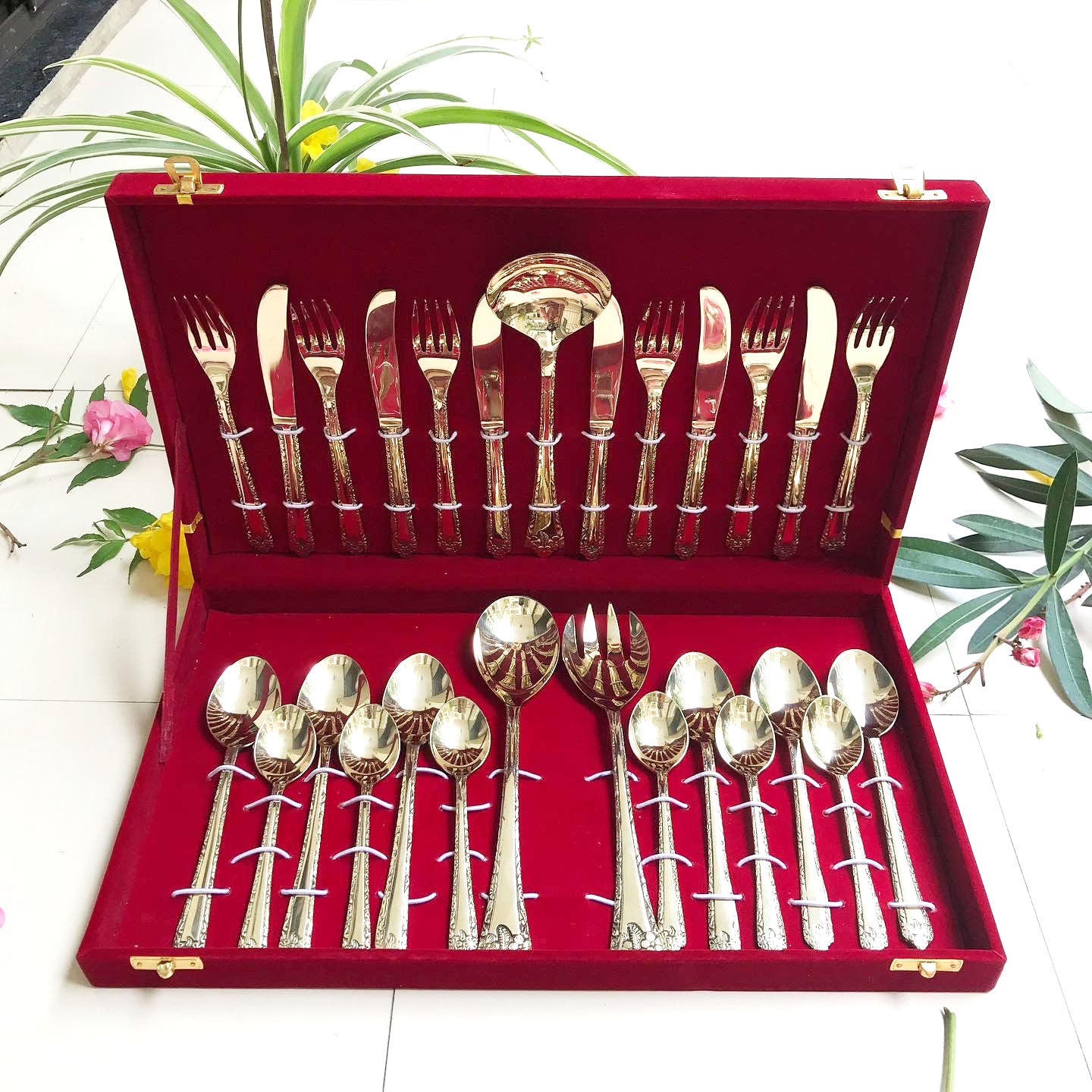 Sama Homes Brass Cutlery Set of 27 Piece handcrafted by Indian Artisans