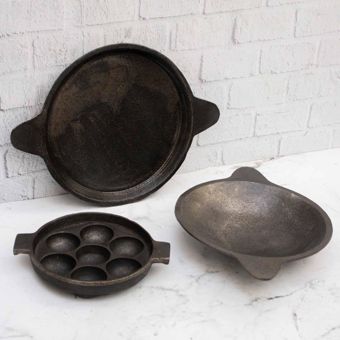 Cast Iron Combo: Kuzhipaniyaram pan, Appachatti, Raised Edge Pan – Sama Homes