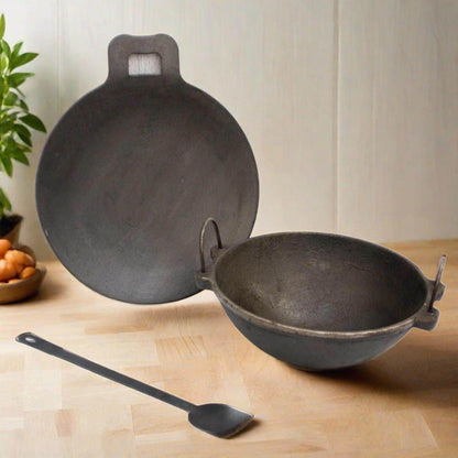 Cast Iron Kadai, Iron Tawa, Iron ladle Cookware Set – Image 2