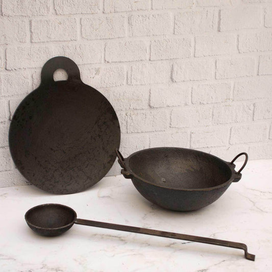 Cast Iron Kadai, Iron Tawa, tadka ladle Combo – Sama Homes