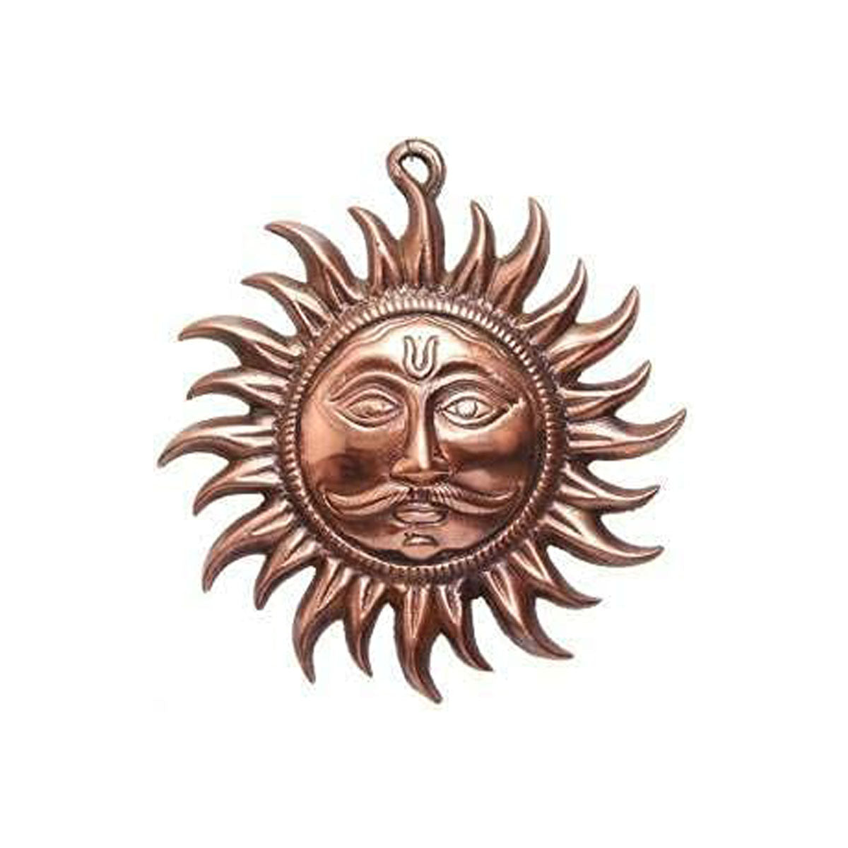 Copper sun-shaped pendant with face design on a white background - Eco-friendly - Sama Homes