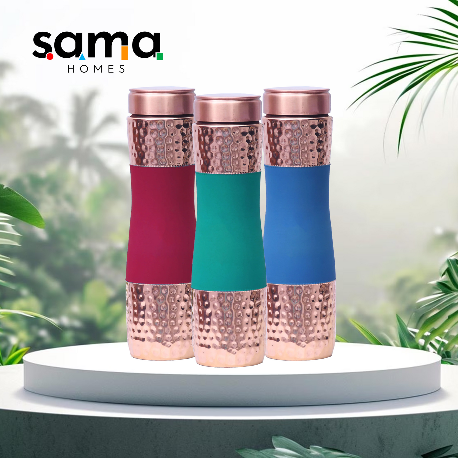 Pure Copper Water Bottle  set of 3 - Red, Green, and Blue Color – Sama Homes