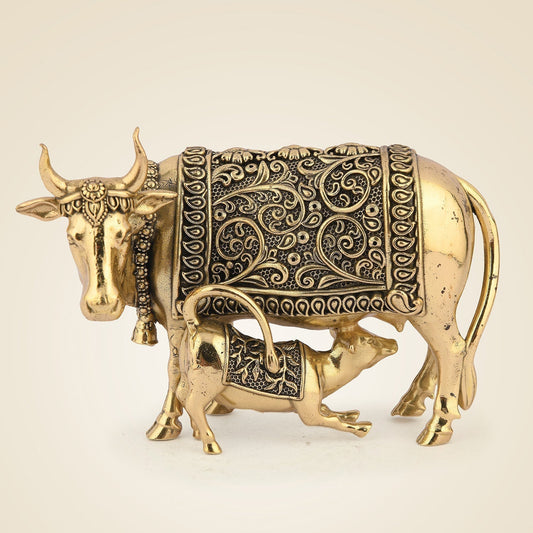 Image of Pure Brass Kamdhenu Cow Idol & Calf 3.25" –  Lightweight, Handcrafted Artisan | This inch Kamdhenu | Premium Brass & Wood Decor | Sama Homes