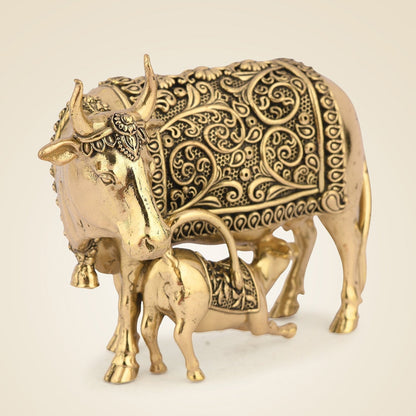 Pure Brass Kamdhenu Cow and Calf Idol 3.25 Inch