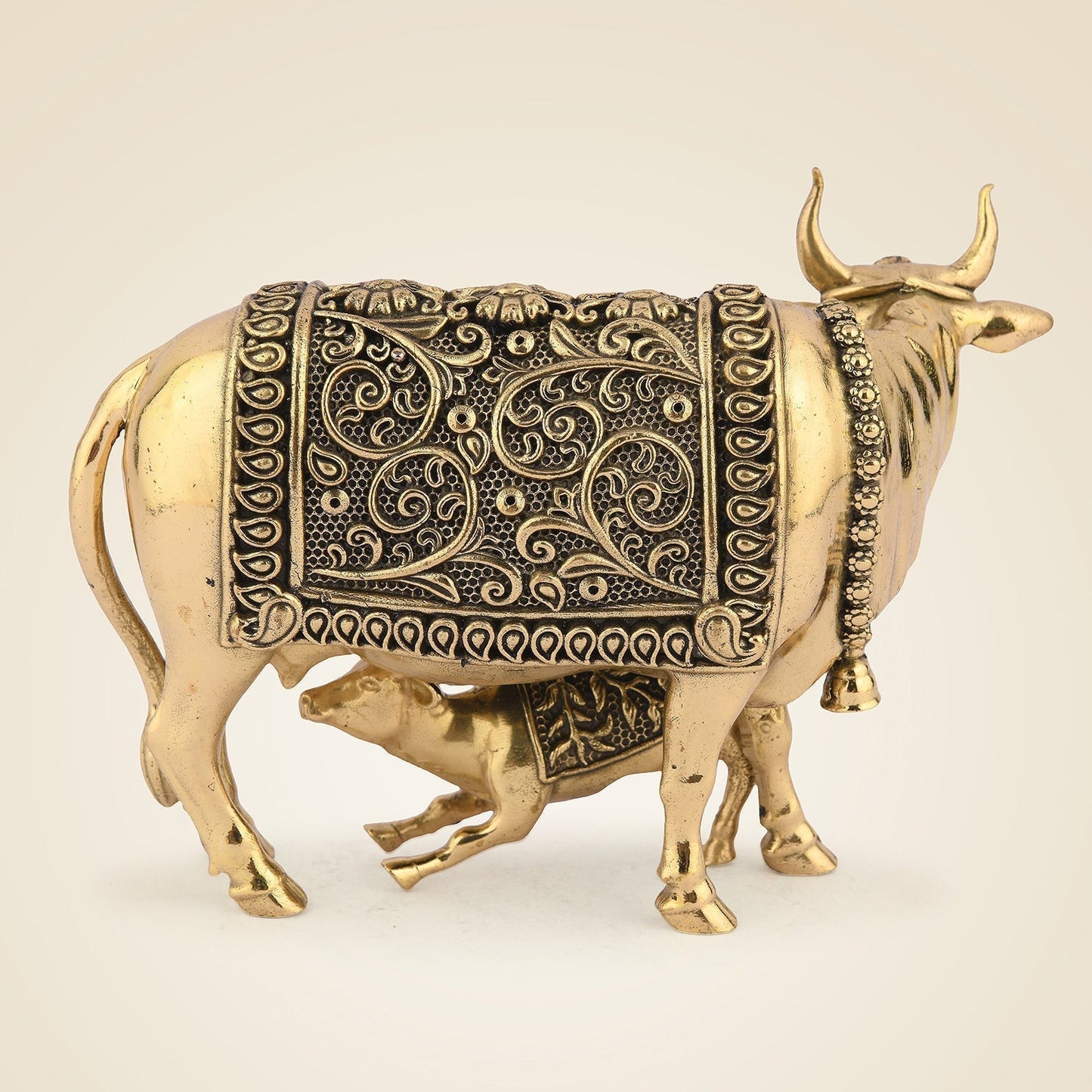 Small Brass Cow and Calf Statue for Puja Room