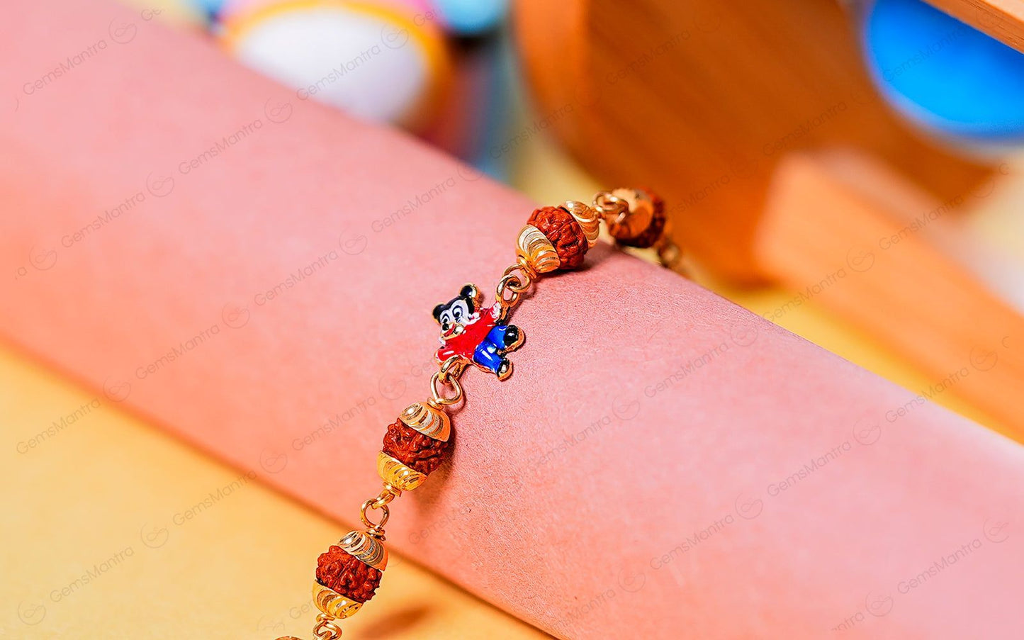 Original 5 Mukhi Rudraksha Gold Mickey Mouse Bracelet for Kids with Certificate