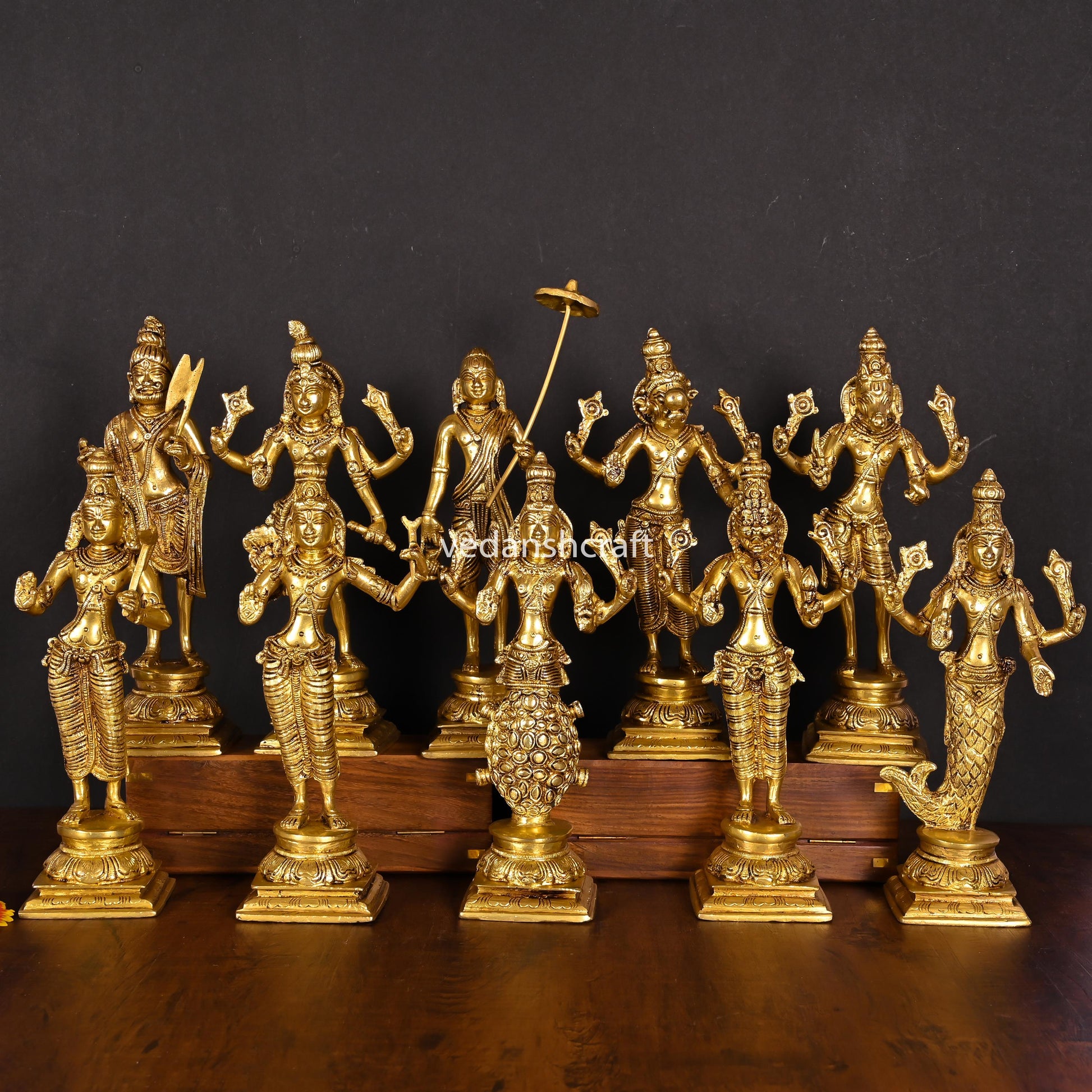 Brass Dashavatara / Vishnu Avatar Statue Set (9") - Eco-friendly - Sama Homes