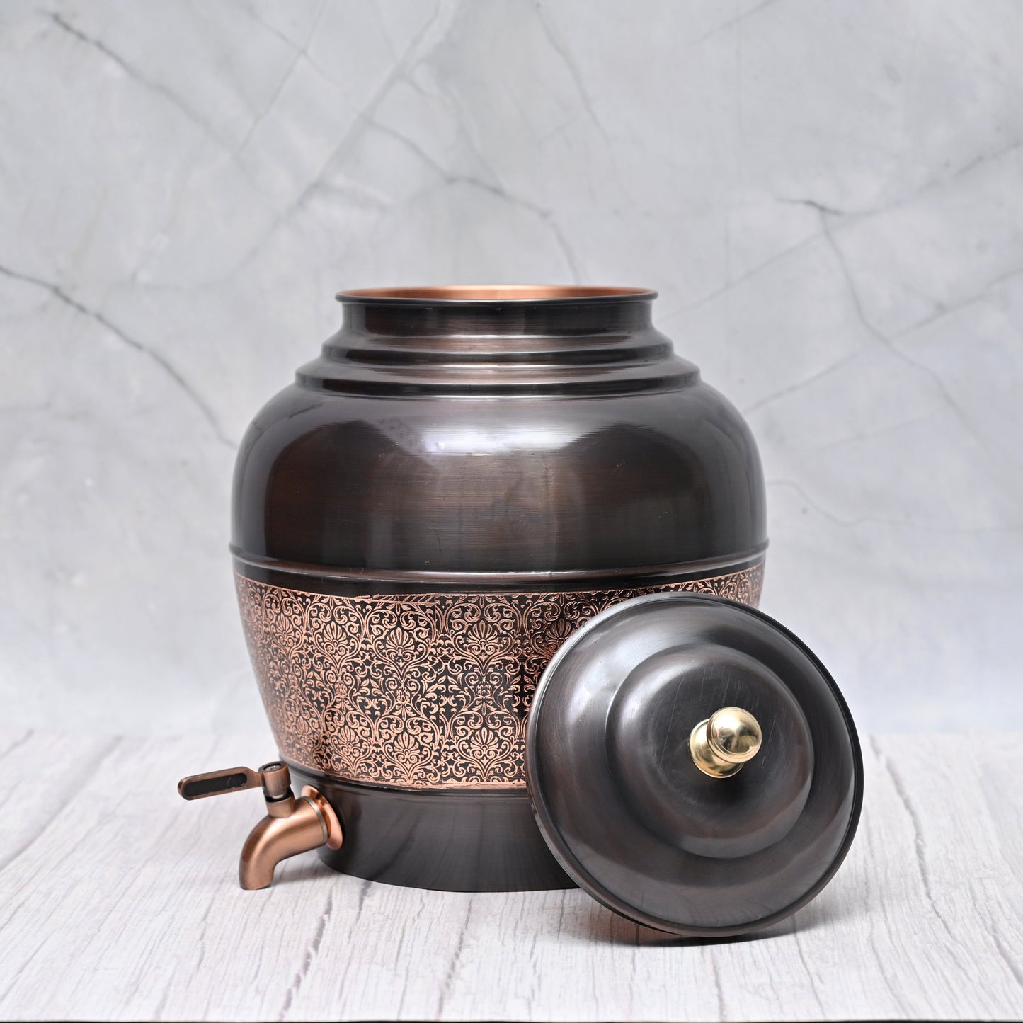 Pure Copper Water Dispenser Round Antique Engraved Designed Matka. – Image 2