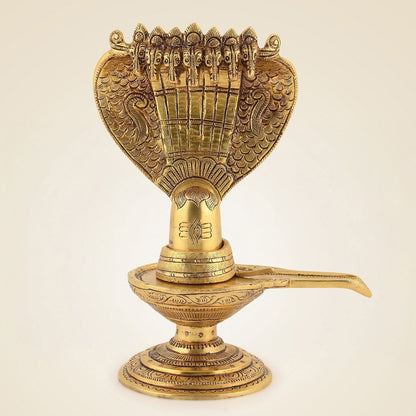 Shivling with Sheshnag Idol 8" – Superfine Brass Statue for Rituals & Temple Decor by SAMA Homes - Sculptures & Statues