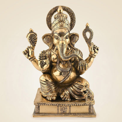 Sitting Ganesha Idol 12" – Handcrafted Brass Artisan for Spiritual Gifts & Decor by SAMA Homes - Sculptures & Statues