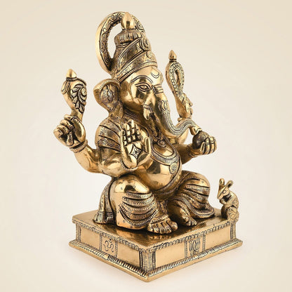 Sitting Ganesha Idol 12" – Handcrafted Brass Artisan for Spiritual Gifts & Decor by SAMA Homes - Sculptures & Statues (View 2)