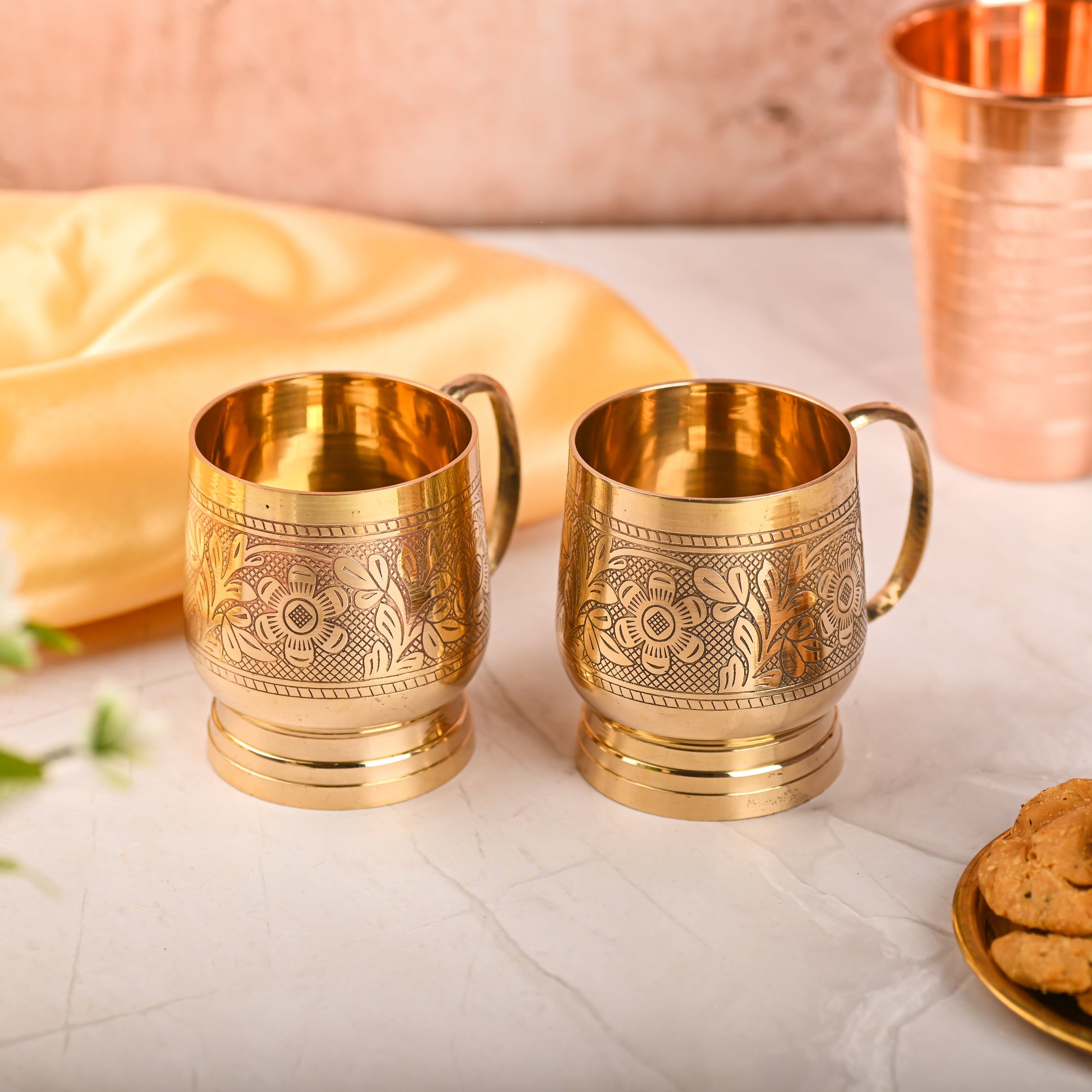 Handcrafted Brass Cup Pair with Handle – Premium Indian Brass Drinkware (3.2 Inch) – Sama Homes - Eco-friendly - Sama Homes
