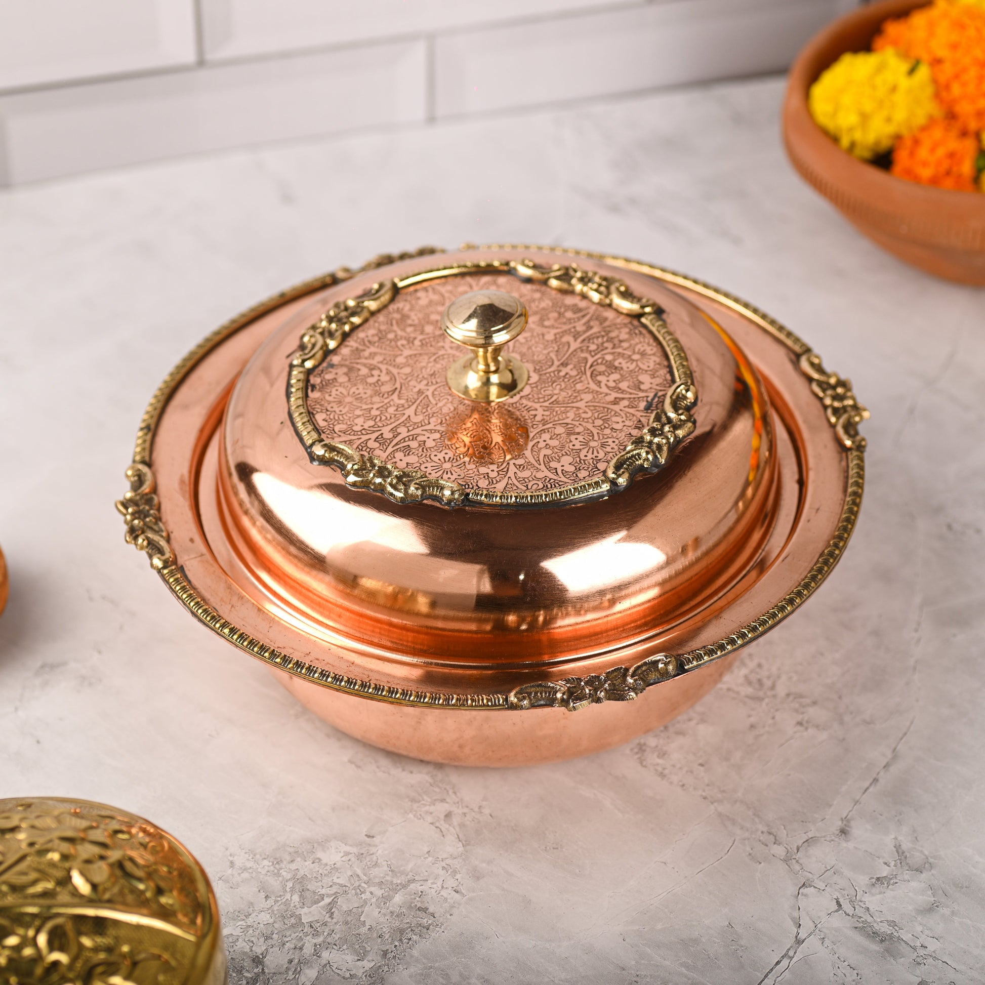 Traditional Indian Tableware Copper Pot with Brass Accents - Image 3
