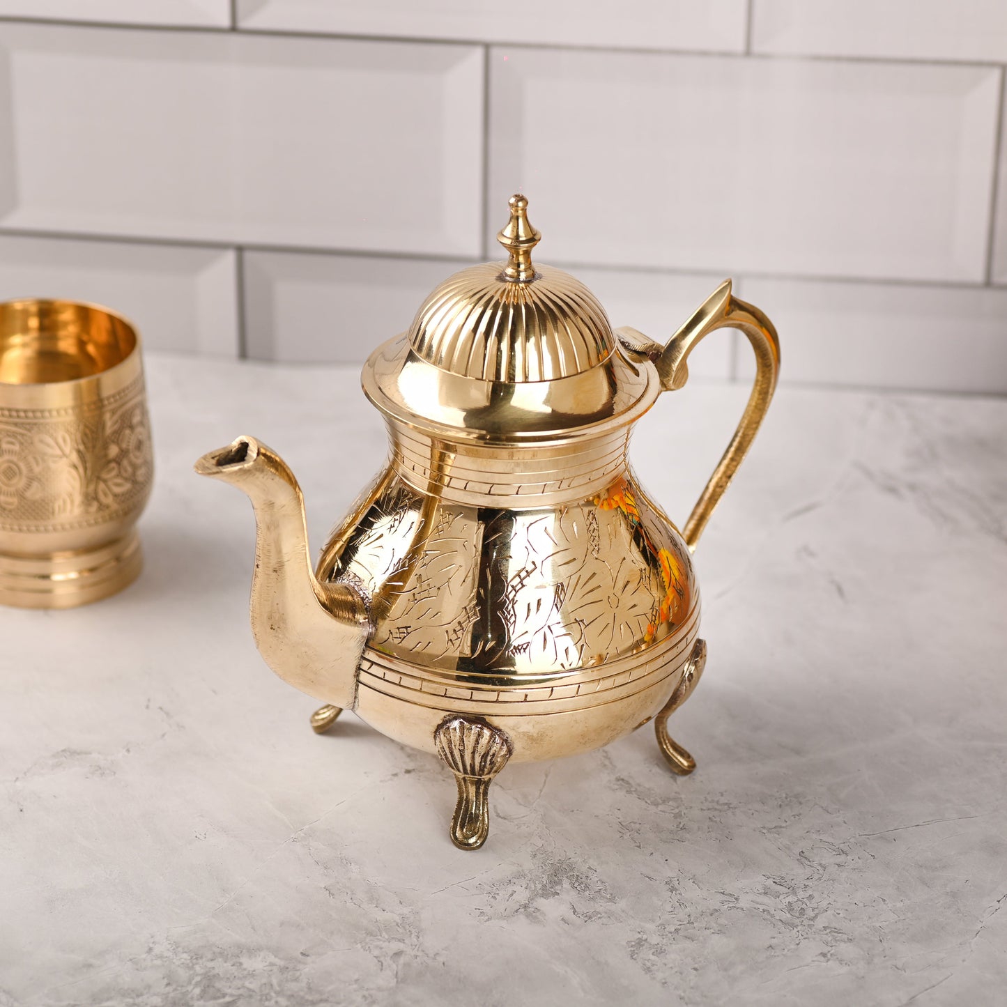 Handmade Brass Leaf Design Mughlai Tea Pot with Lid – 7.4 Inch | Premium Indian Brassware – Sama Homes