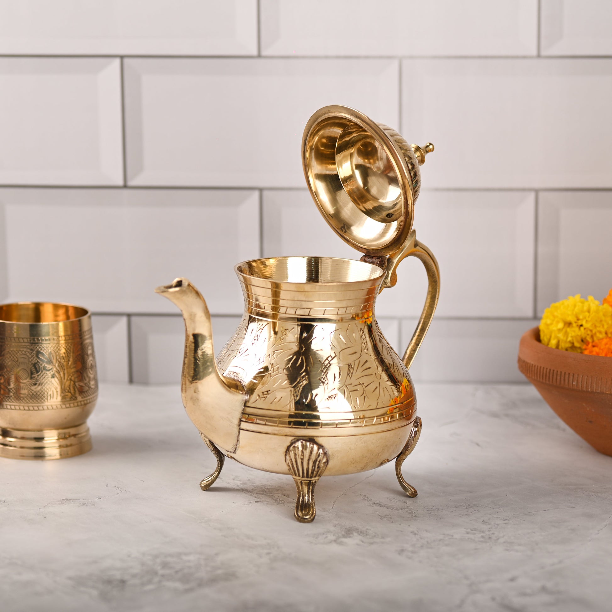 Handmade Brass Leaf Design Mughlai Tea Pot with Lid – 7.4 Inch | Premium Indian Brassware – Image 4 - Image 4