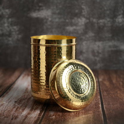 Pure Brass Kitchen Storage Canister Set | Hammered Design | Set of 5 with Lids | Non-Toxic, Nutrient-Retaining | Shiny Polished Finish | Handcrafted Vintage Style by SAMA Homes - Brass Storage Canister or Box (View 4)