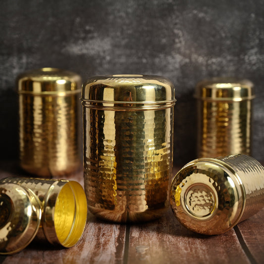 Pure Brass Kitchen Storage Canister Set | Hammered Design | Set of 5 with Lids | Non-Toxic, Nutrient-Retaining | Shiny Polished Finish | Handcrafted Vintage Style