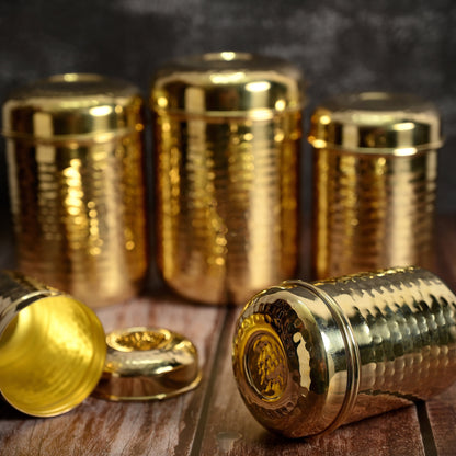 Pure Brass Kitchen Storage Canister Set | Hammered Design | Set of 5 with Lids | Non-Toxic, Nutrient-Retaining | Shiny Polished Finish | Handcrafted Vintage Style by SAMA Homes - Brass Storage Canister or Box (View 2)