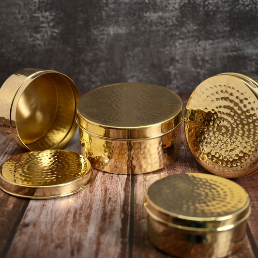 Brass Kulfi Set of 4 Pcs - Brass Dabba Shiny Polished With Hammered Design