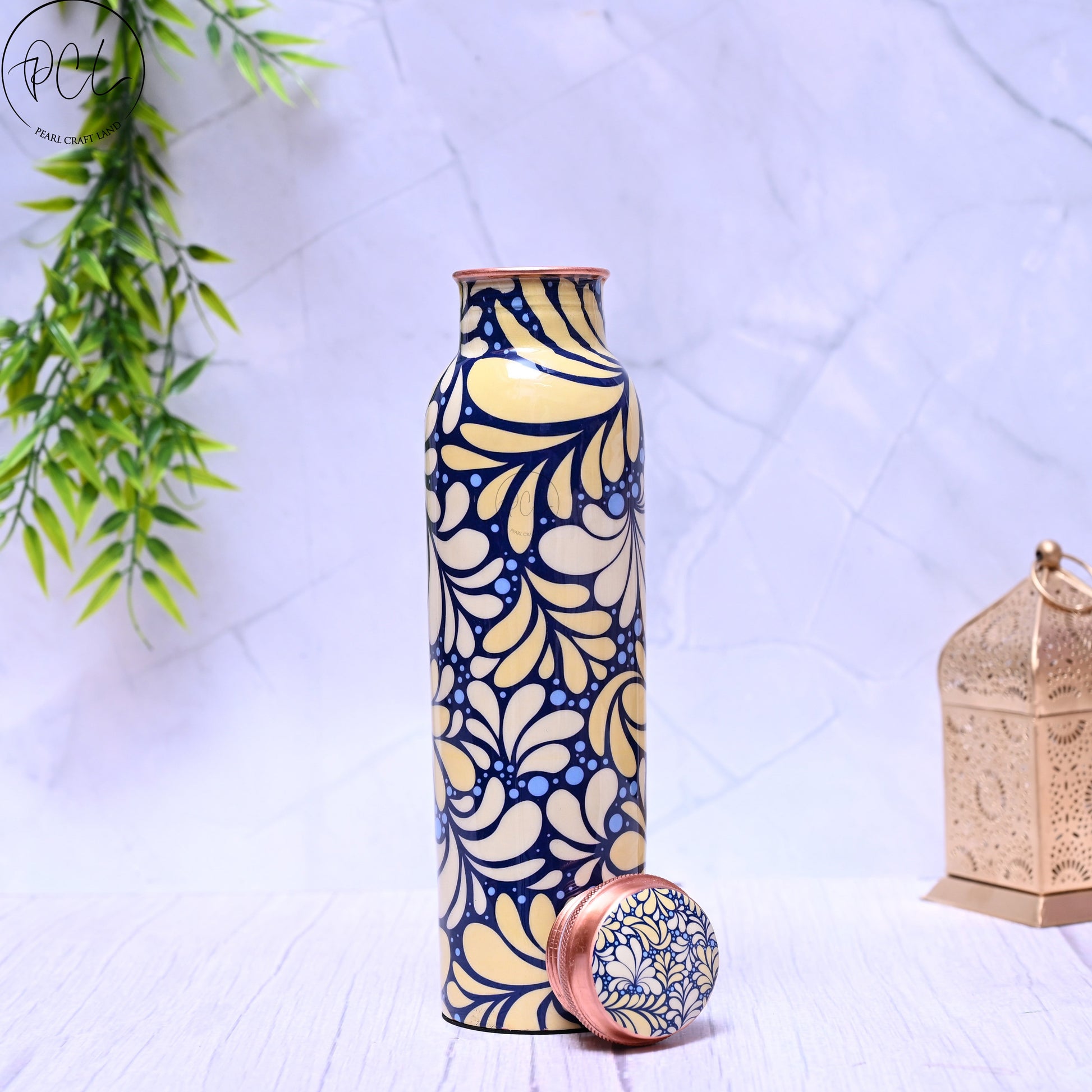 Pure Copper Blue & Ivory Design Printed Water Bottle with Leak Proof Capacity 1000 ML. - Eco-friendly - Sama Homes