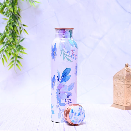 Pure Copper Blue Flower Printed Water Bottle with Leak Proof Capacity 1000 ML.