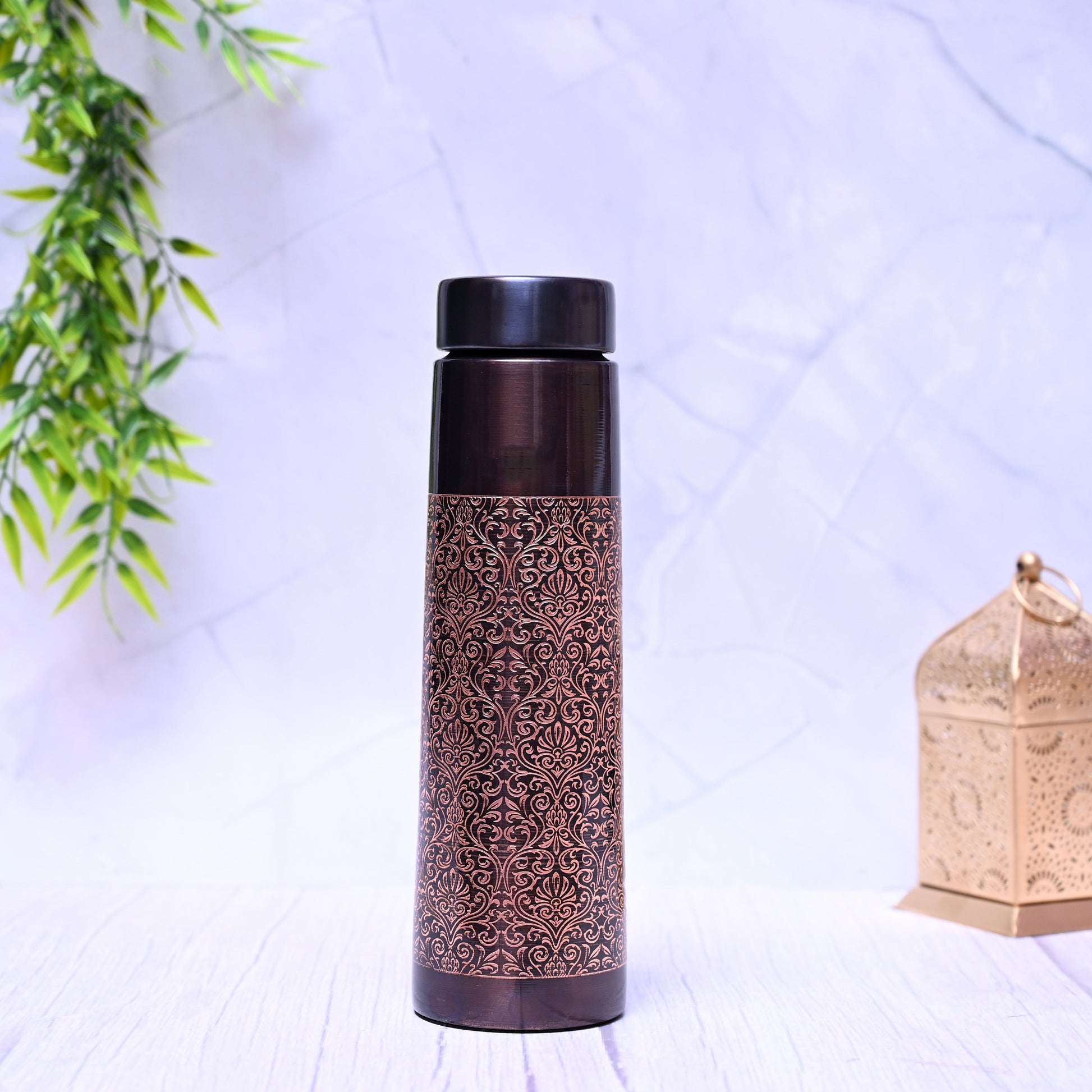 Pure Copper Taper Antique Engraved Water Bottle with Leak Proof Capacity 1000 ML. - Eco-friendly - Sama Homes