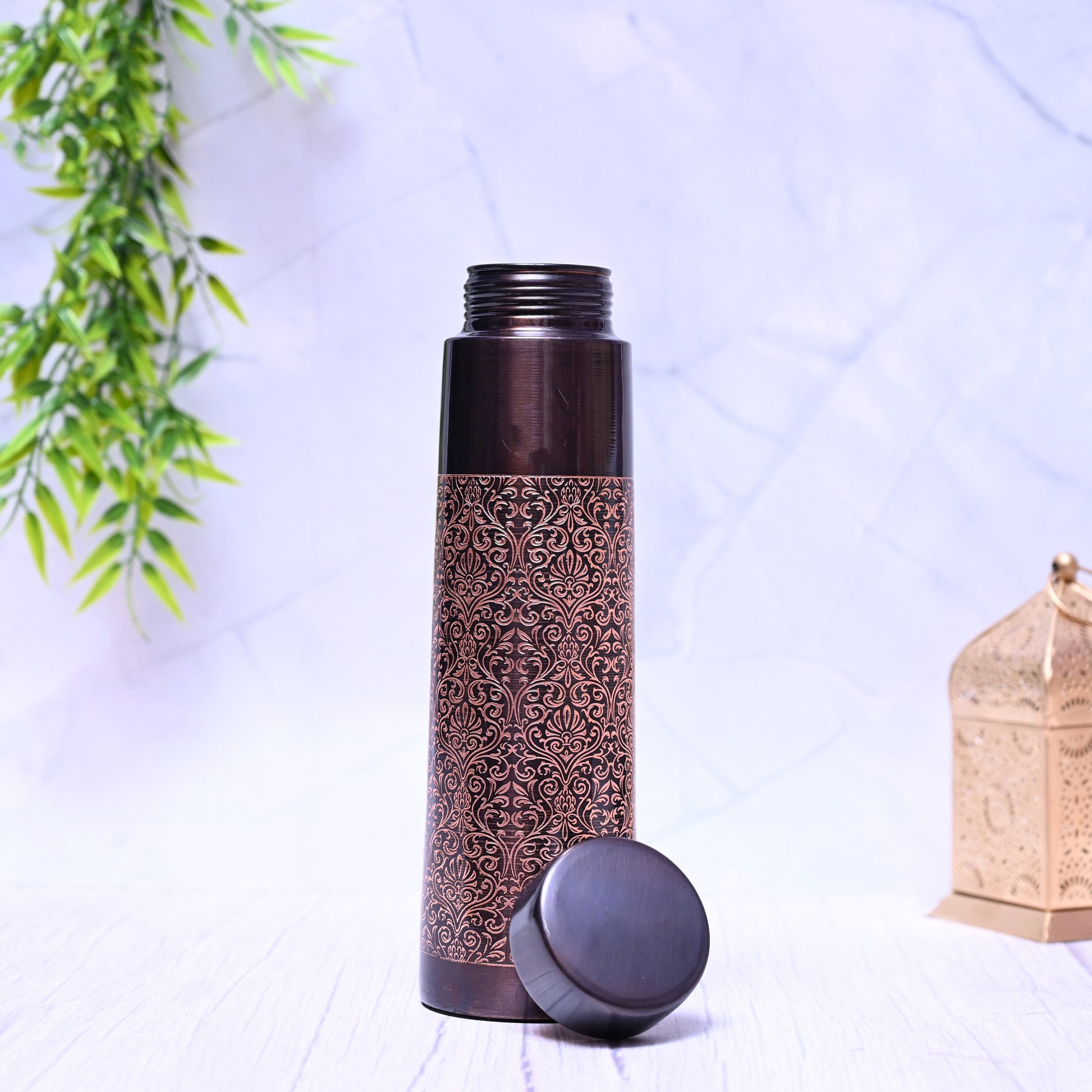 Pure Copper Taper Antique Engraved Water Bottle with Leak Proof Capacity 1000 ML. - Image 2