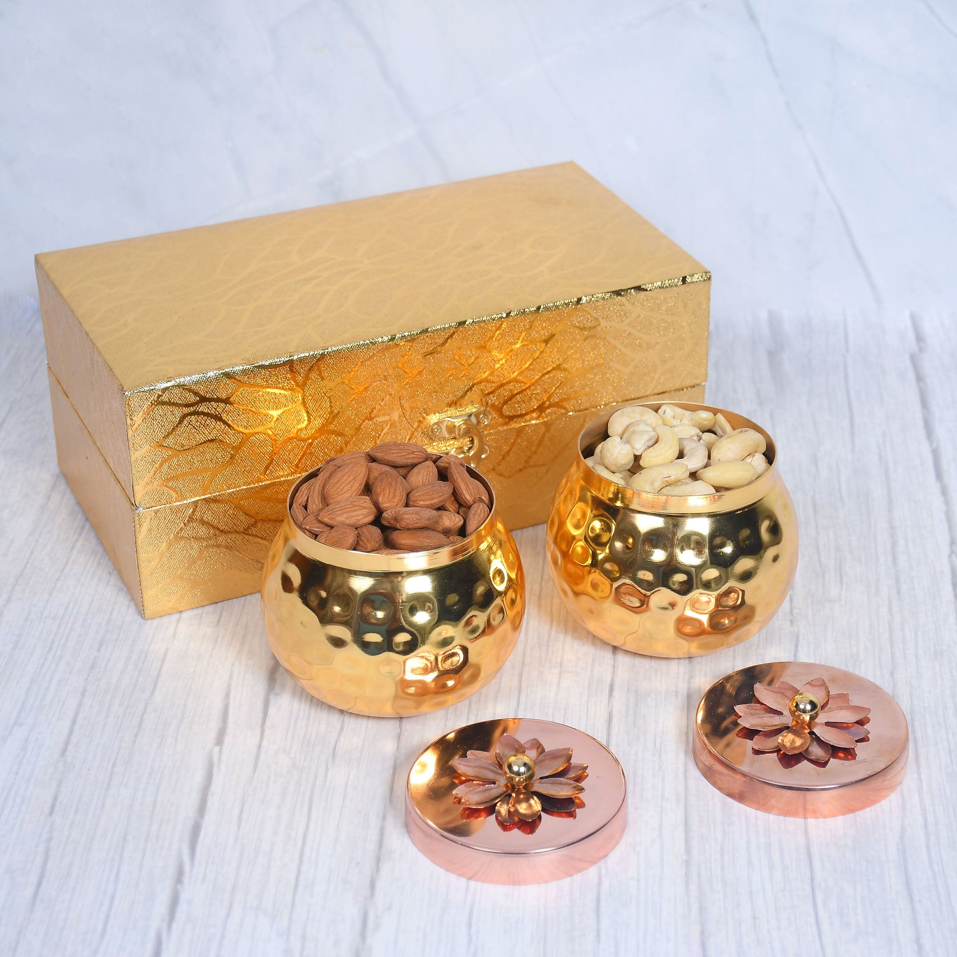 Exclusive Golden Hammered Dry-Fruit Pot with Gifting Box Set of 2 – Image 2 - Image 2
