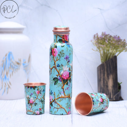 Pure Copper Meena Water Bottle Combo by SAMA Homes - Printed Copper Bottle