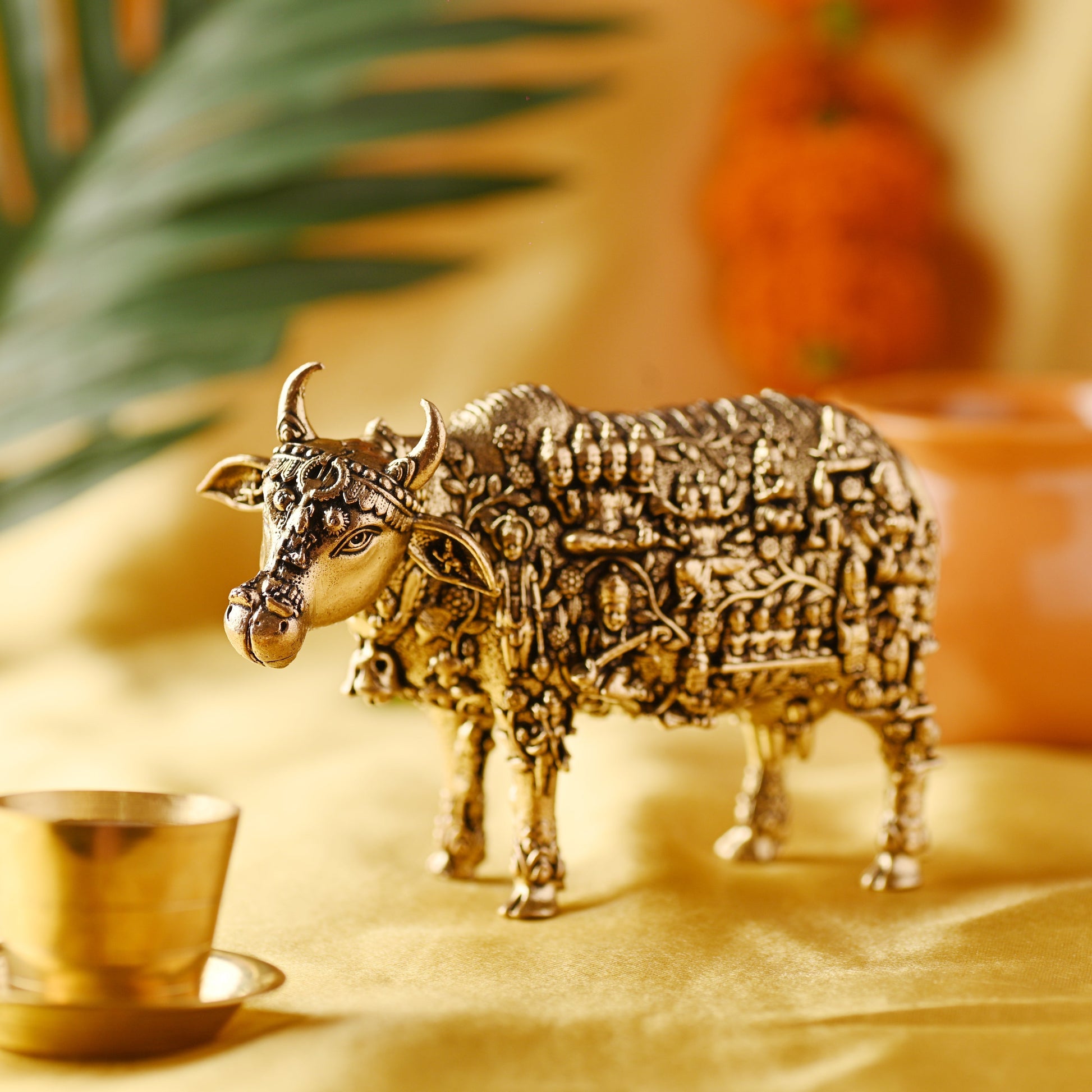Brass Cow with Engraved Gods and Goddesses – Handcrafted Decor (3 Inch) - Image 2