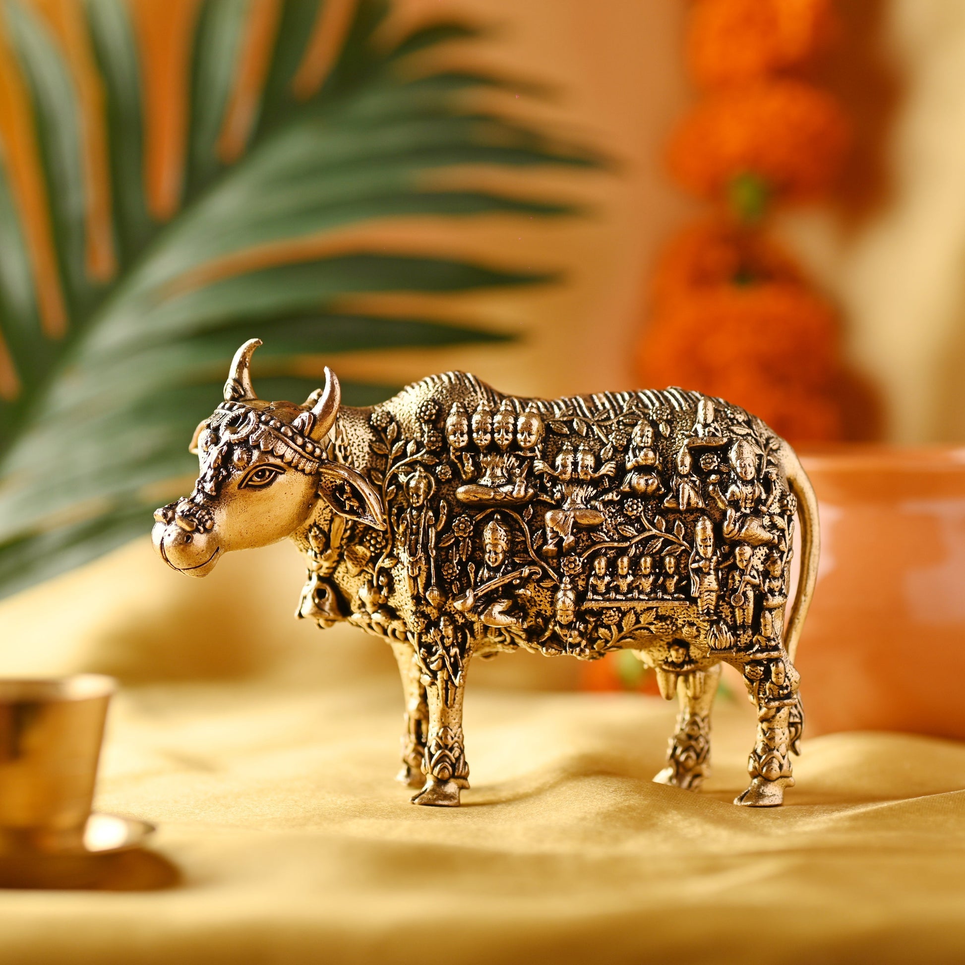 Brass Cow with Engraved Gods and Goddesses – Handcrafted Decor (3 Inch) - Eco-friendly - Sama Homes