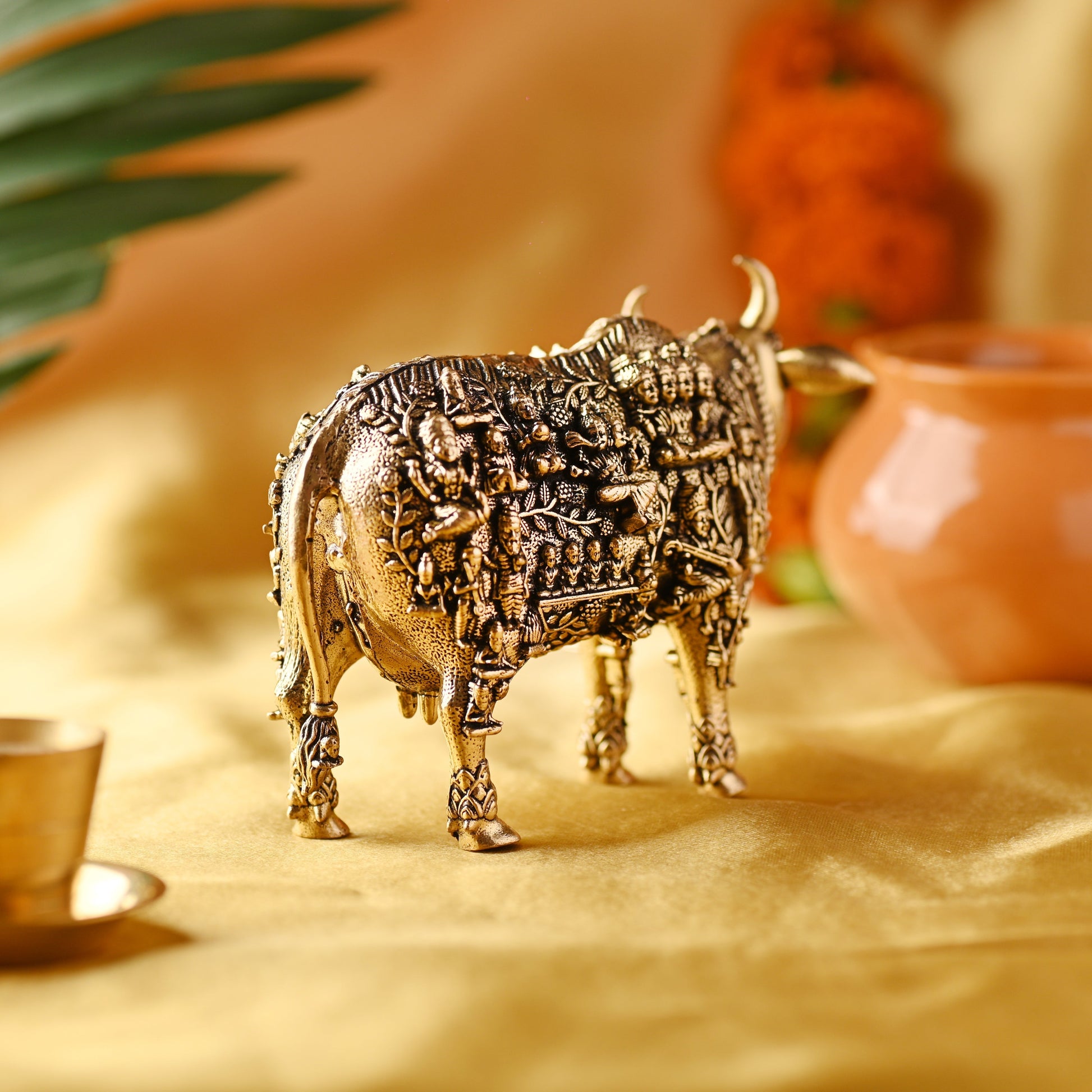 Brass Cow with Engraved Gods and Goddesses – Handcrafted Decor (3 Inch) - Image 3