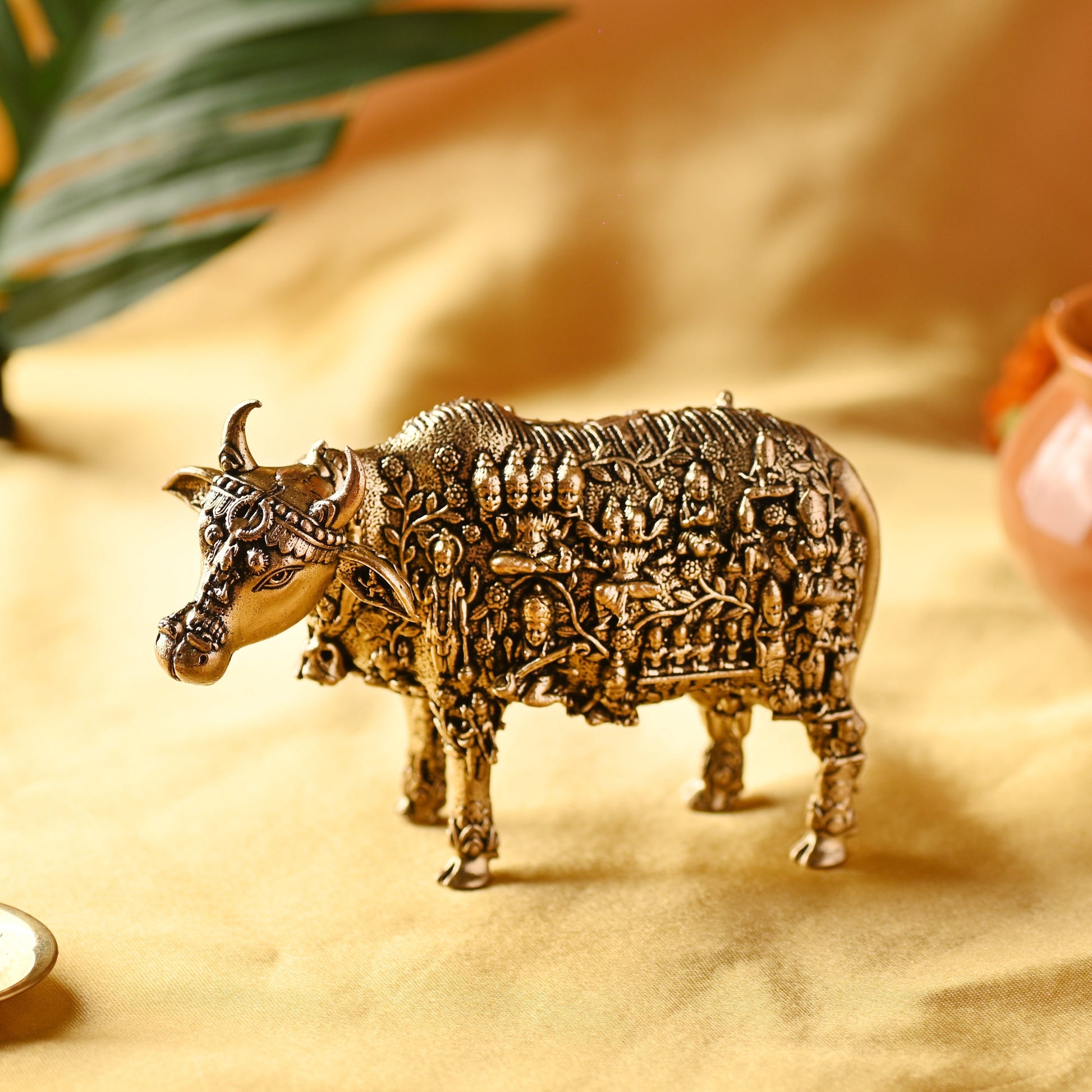 Brass Cow with Engraved Gods and Goddesses – Handcrafted Decor (3 Inch) - Image 4