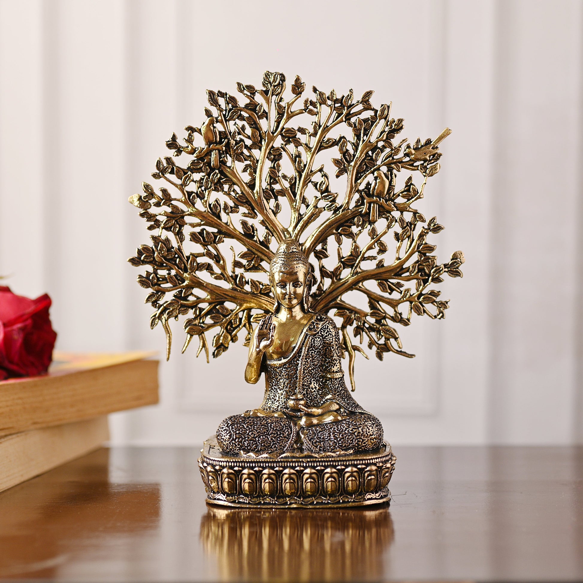 Brass Buddha Statue with Tree – Handmade Spiritual Brassware (6.3 Inch) - Eco-friendly - Sama Homes