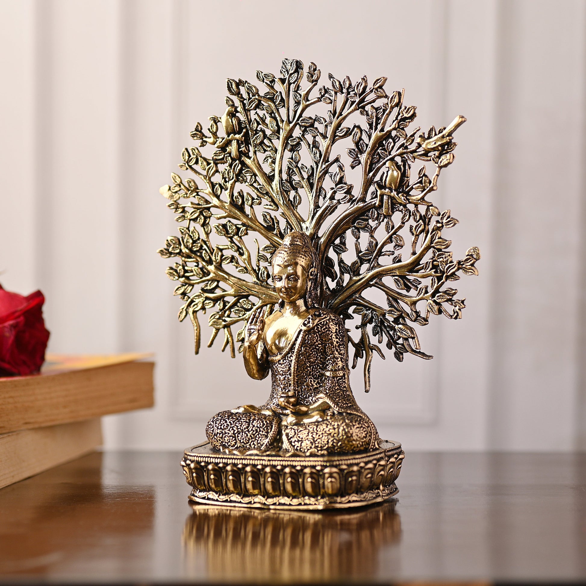 Brass Buddha Statue with Tree – Handmade Spiritual Brassware (6.3 Inch) - Image 2