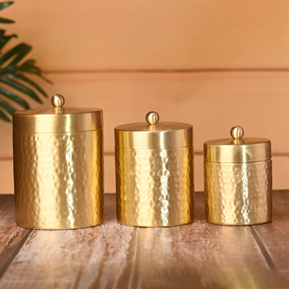 Handcrafted Brass Hammered Storage Jars with Lids – Set of 3 | Premium 99.9% Certified Brass, Artisan & Sustainable – Sama Homes