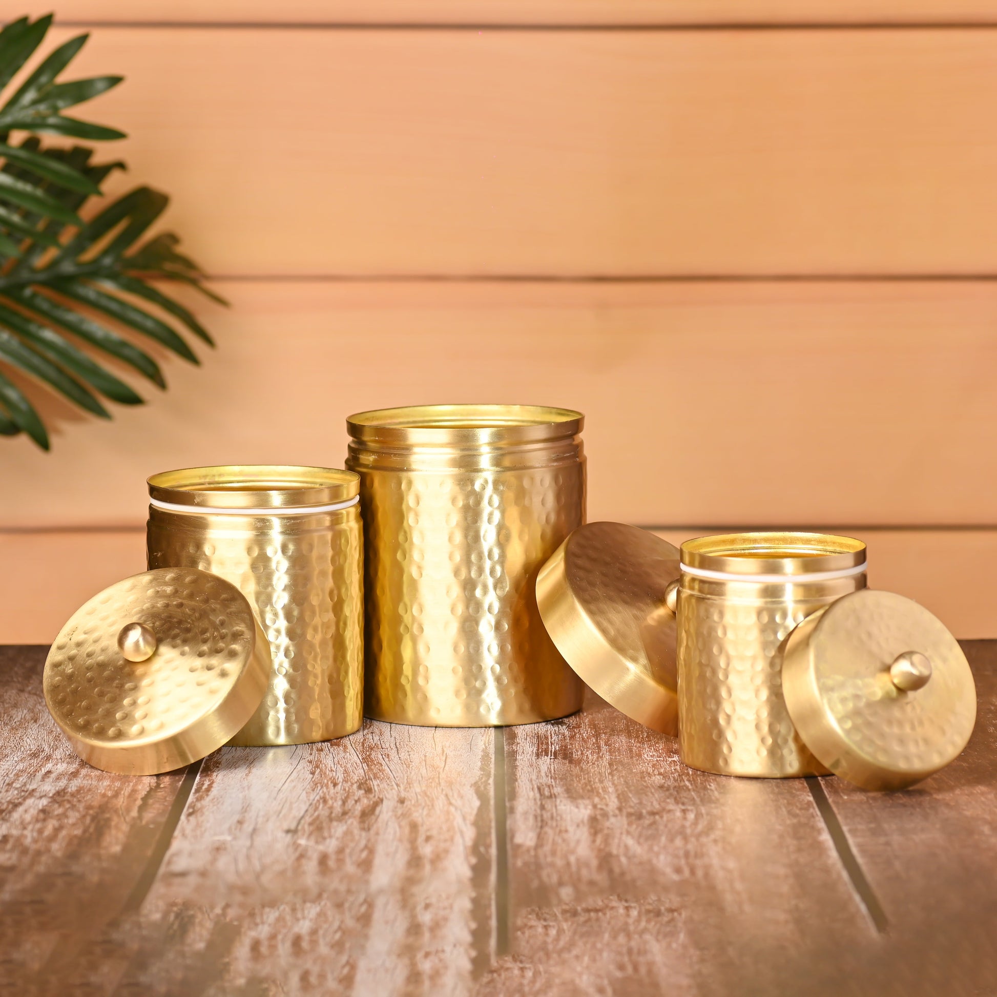 Handcrafted Brass Hammered Storage Jars with Lids – Set of 3 | Premium 99.9% Certified Brass, Artisan & Sustainable – Image 2 - Image 2
