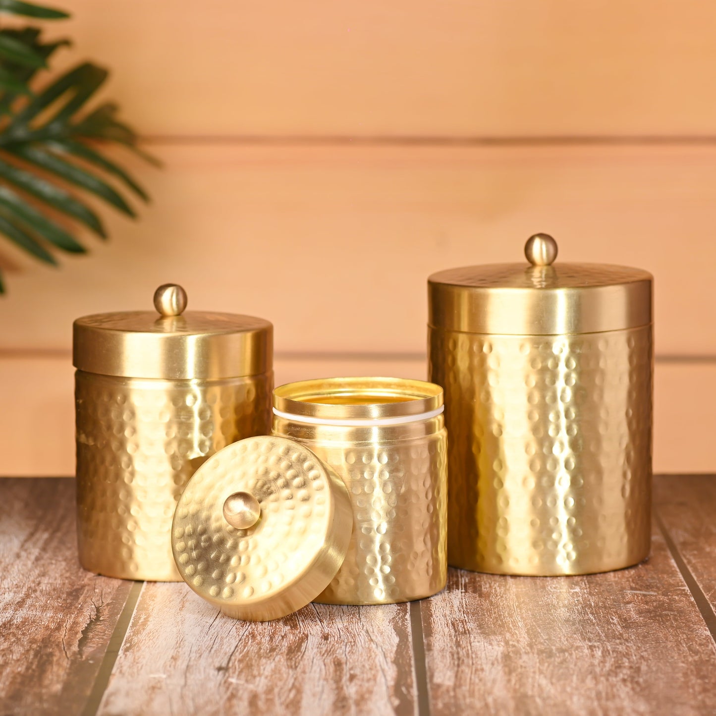 Handcrafted Brass Hammered Storage Jars with Lids – Set of 3 | Premium 99.9% Certified Brass, Artisan & Sustainable – Image 3