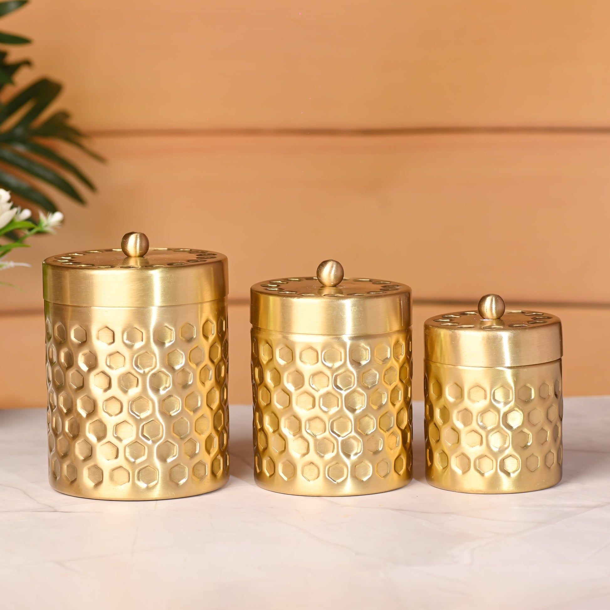 Brass Diamond Hammered Storage Jars with Lids – Set of 3 Premium Containers - Eco-friendly - Sama Homes