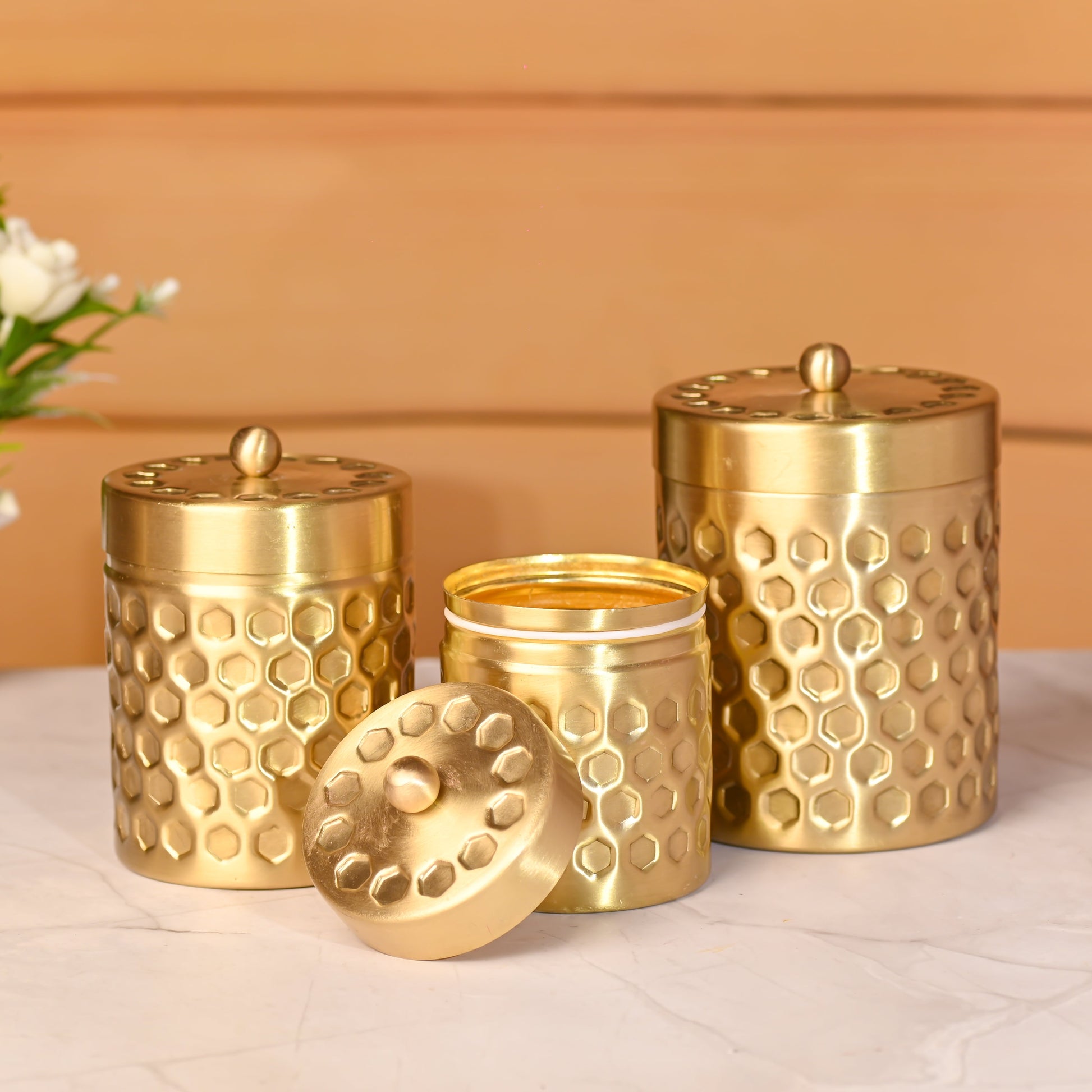 Brass Diamond Hammered Storage Jars with Lids – Set of 3 Premium Containers - Image 2