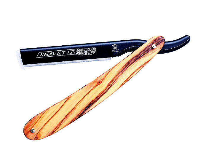 DOVO Shavette Straight Razor – Black Aluminum & Genuine Olive Wood Handle