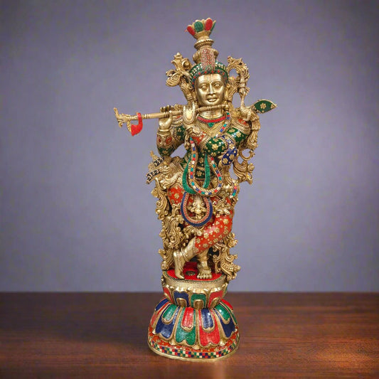 Divine Big Brass Krishna Statue with Stone Work 47 Inches