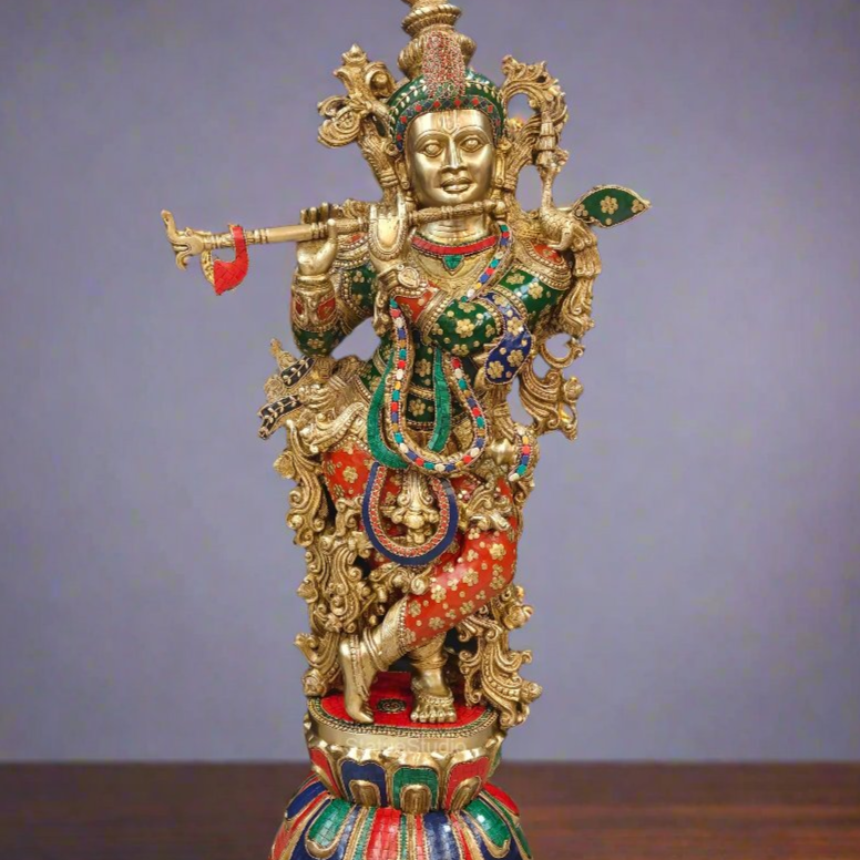 Divine Big Brass Krishna Statue with Stone Work 47 Inches - Image 2