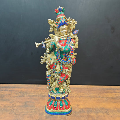 Divine Brass Krishna Idol With Stone Work 29 Inches by vendor-unknown - Hindu Gods