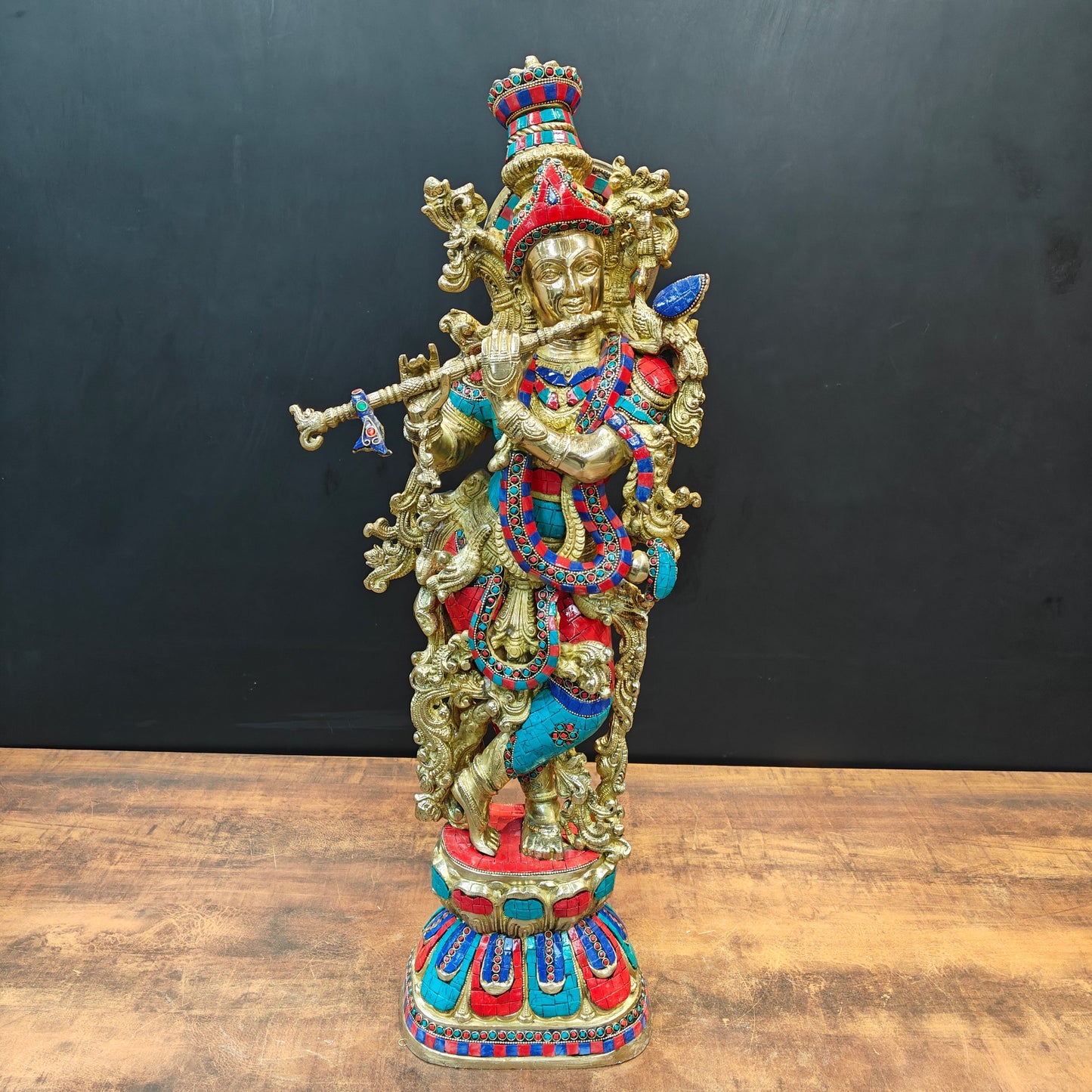 Divine Brass Krishna Statue With Stone Work 29 Inch