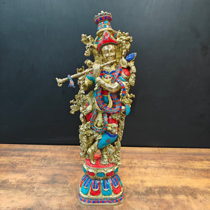 Divine Brass Krishna Statue With Stone Work 29 Inch by vendor-unknown - Hindu Gods