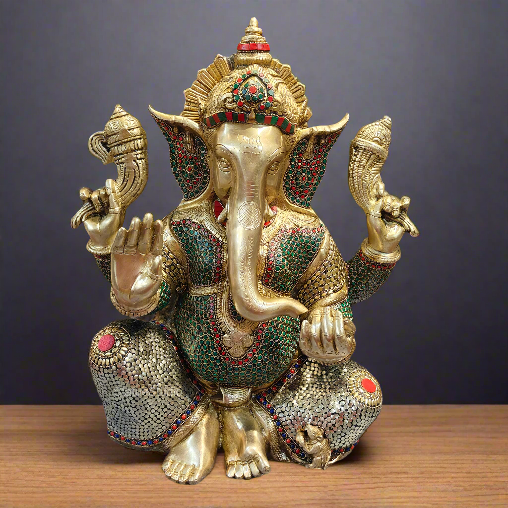 Elegant Brass Ganesha Statue With Stone Work 20 Inches