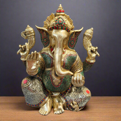 Elegant Brass Ganesha Statue With Stone Work 20 Inches by vendor-unknown - Hindu Gods