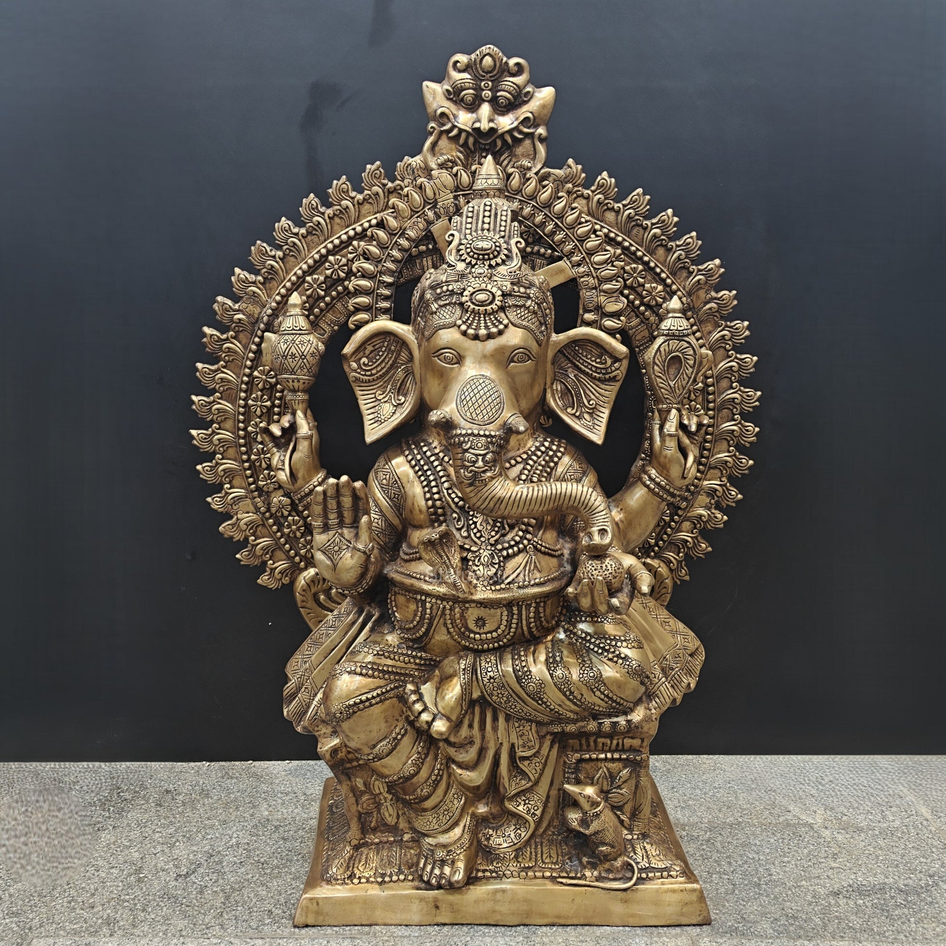 Elegant Brass Large Ganesha Statue With Prabhavali 50 Inches - Eco-friendly - Sama Homes