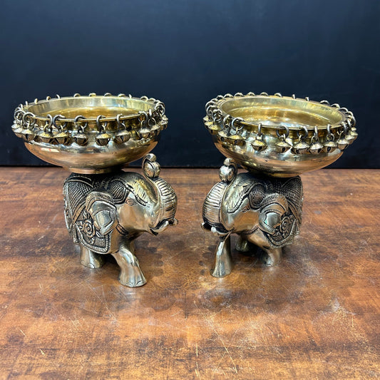 Engraved Elephant Brass Urli Pair With Ghungroo 7 Inch